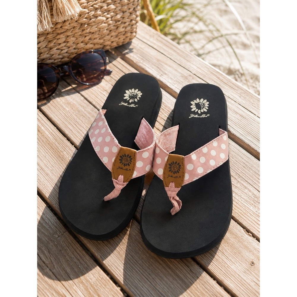 Yellow Box Flip Flops Womens Size 8.5 Pink White Polka Dot Ribbon Sandals